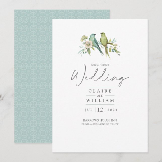 Blue Green Birds Botanical Watercolor Wedding Invitation (Front/Back)