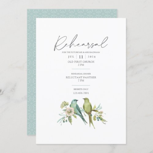 Blue Green Birds Botanical Watercolor Wedding Invitation