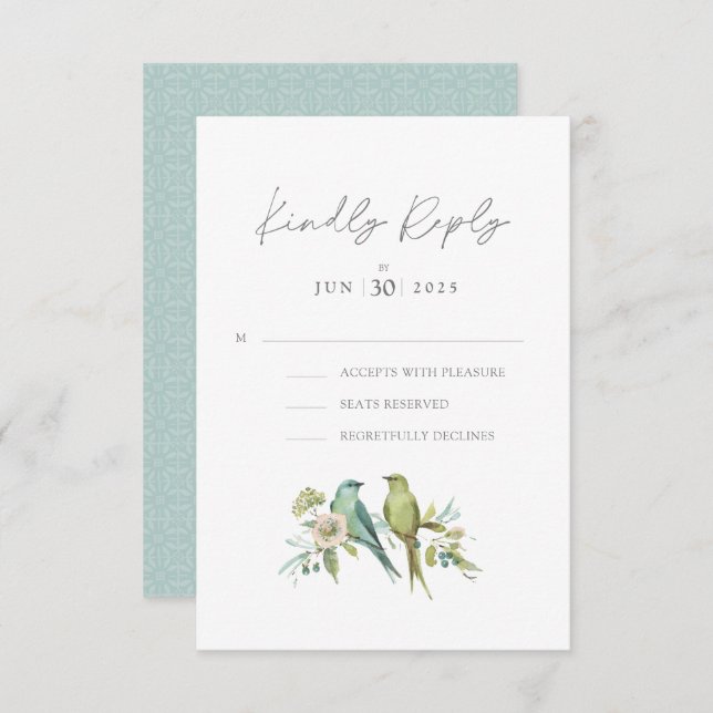Blue Green Birds Botanical Watercolor Wedding RSVP Card (Front/Back)