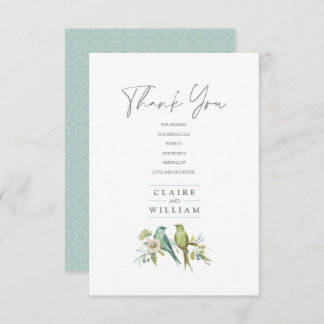 Blue Green Birds Botanical Watercolor Wedding Thank You Card