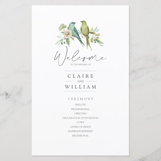 Blue Green Birds Floral Watercolor Wedding (Front)