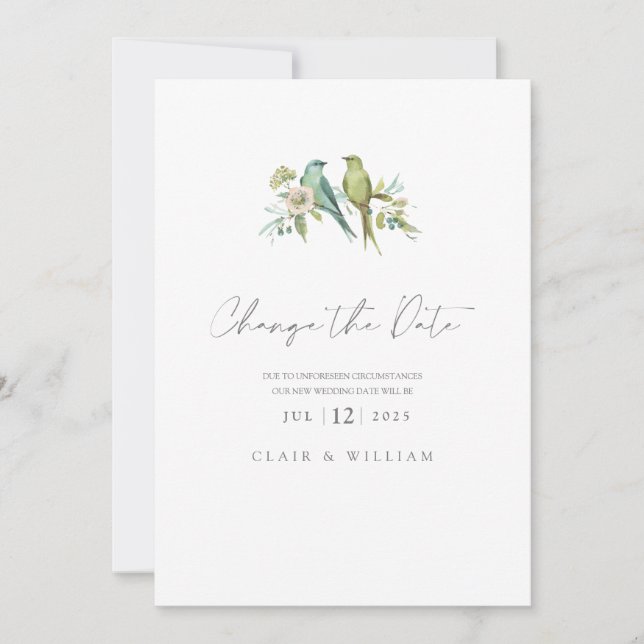 Blue Green Birds Floral Watercolor Wedding Holiday Card (Front)