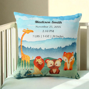 Blue Green Birth Stats Safari Animals  Throw Pillow