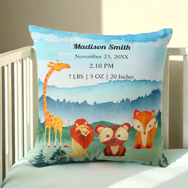 Blue Green Birth Stats Safari Animals  Throw Pillow (Creator Uploaded)