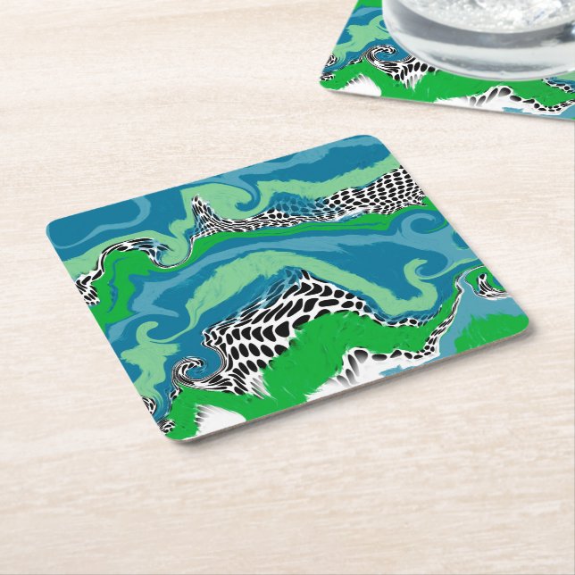 Blue, Green, Black and White Abstract Fluid Art Square Paper Coaster (Angled)