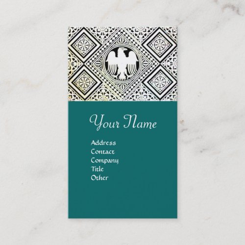 BLUE GREEN BLACK AND WHITE ROMAN EAGLE DAMASK BUSINESS CARD