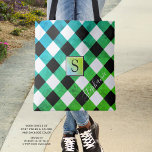 Blue Green & Black Buffalo Check Plaid Monogram Tote Bag<br><div class="desc">Aqua blue, lime green and black buffalo check plaid tote bag with monogram. Add your name or delete the sample text to leave the area blank. The back side is a solid black color that can be changed as desired. The text font style, size and color can also be changed...</div>