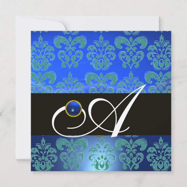 BLUE GREEN BLACK CHAMPAGNE DAMASK MONOGRAM INVITATION (Front)