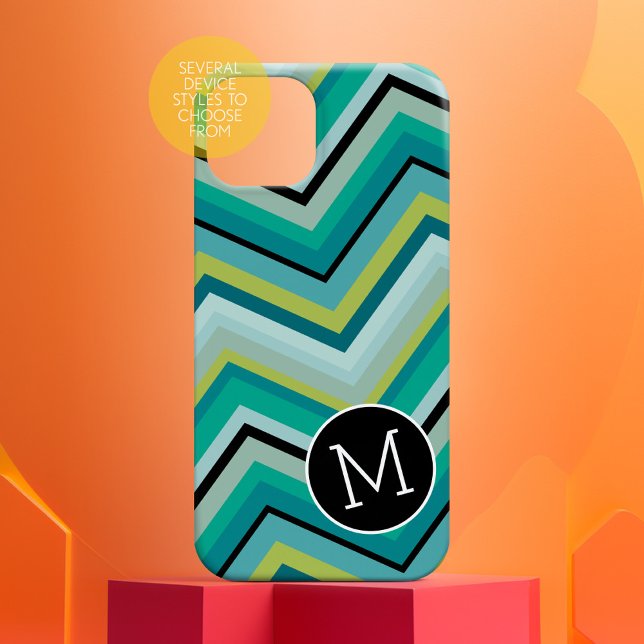 Blue Green Black Chevron Pattern Simple Monogram Case-Mate iPhone Case (Monogram phone case)