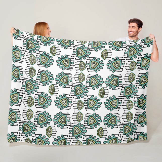 Blue Green Black White Tribal Dots iKat Damask Fleece Blanket (In Situ)