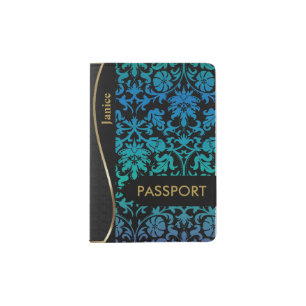 Blue, Green Blend Damask on Black Background Passport Holder