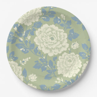 Blue Green Block Print Floral Paper Plates