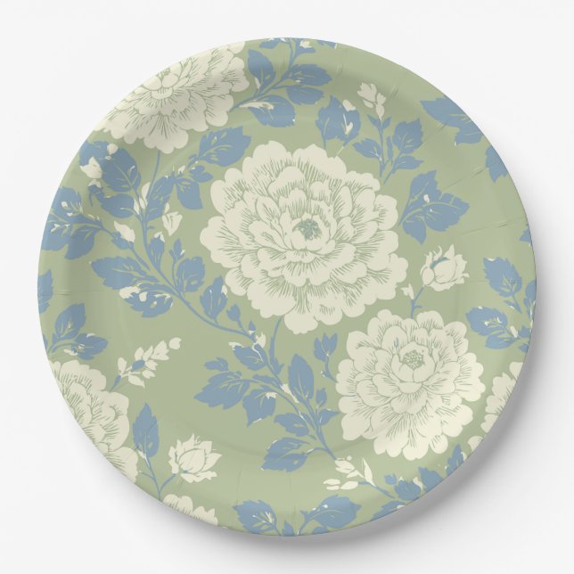 Blue Green Block Print Floral Paper Plates (Front)
