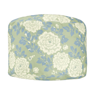 Blue Green Block Print Floral Round Pouf