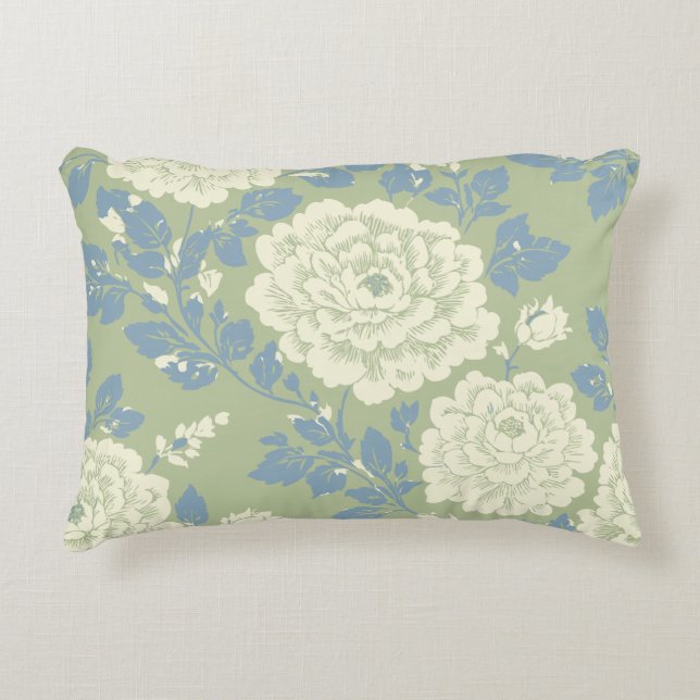 Blue Green Block Print Floral Round Pouf Accent Pillow (Front)