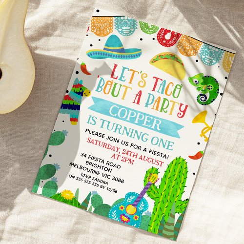 Blue Green Blue Bout A Party Fiesta 1st Birthday  Invitation