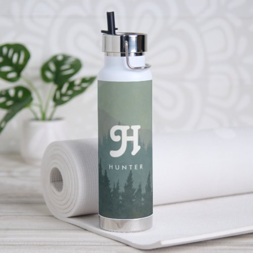 Blue Green Boho Monogram Mountain  Forest Retro Water Bottle