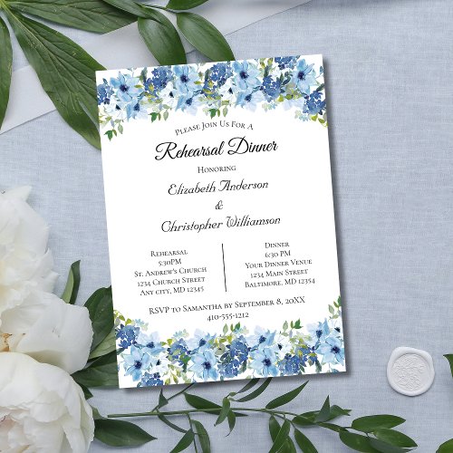 Blue Green Boho Watercolor Floral Rehearsal Dinner Invitation