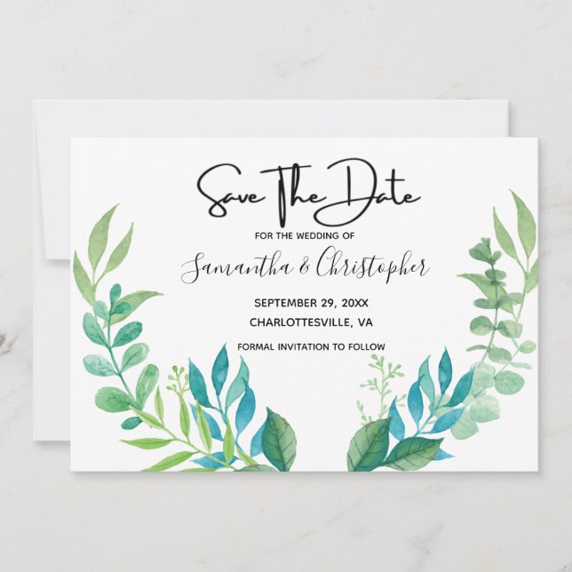 Blue Green Botanical Greenery Eucalyptus Leaves Save The Date (Front)