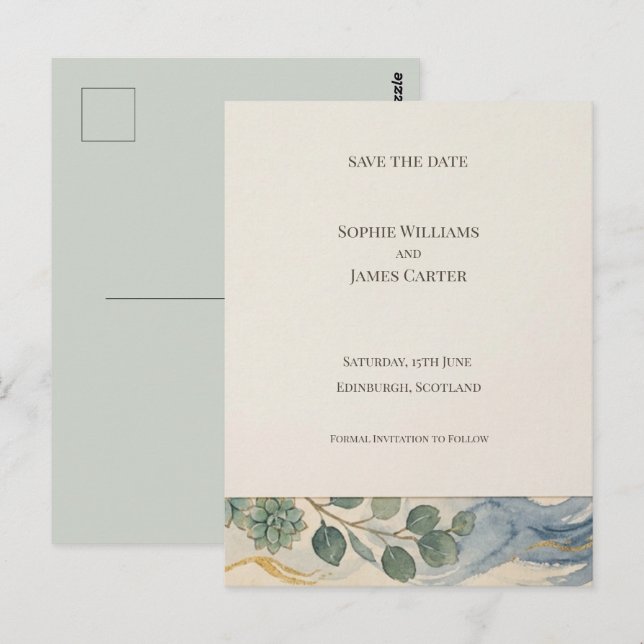 Blue Green Botanical Save The Date Postcard (Front/Back)