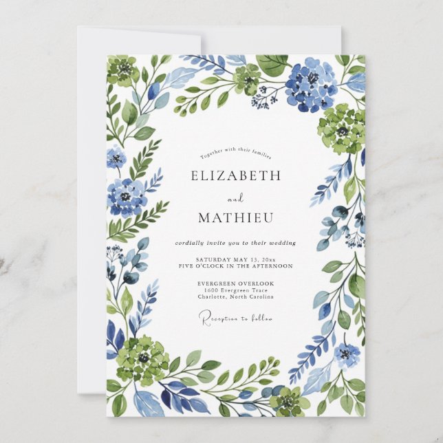 Blue Green Botanical Whimsical Wedding Invitation (Front)