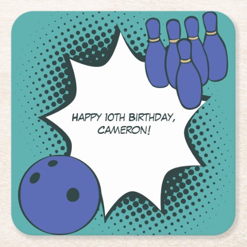 Blue_Green Bowling Happy 10th Birthday Name  Square Paper Coaster