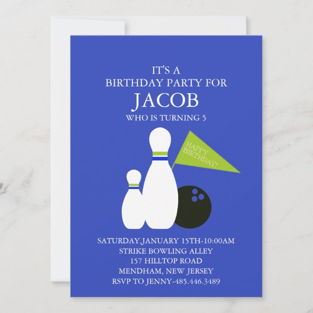 Blue & Green Bowling Party Birthday Invitation (Front)