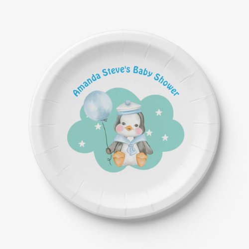 Blue Green Boy Baby Shower Penguin Paper Plate