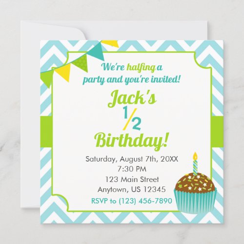 Blue Green Boy Half Birthday Photo Invitation