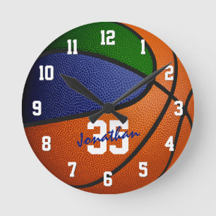 blue green boys girls basketball personalized round clock