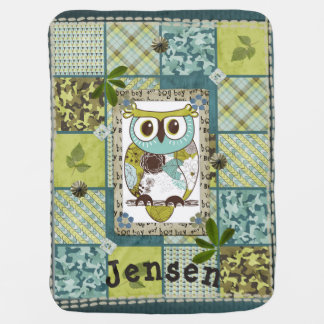 Blue & Green Boys Owl Name Baby Blanket