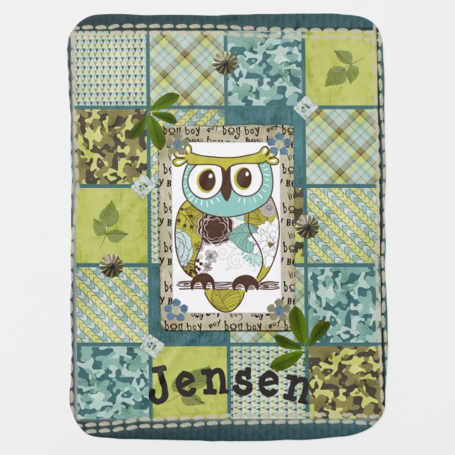 Blue & Green Boys Owl Name Baby Blanket (Front)