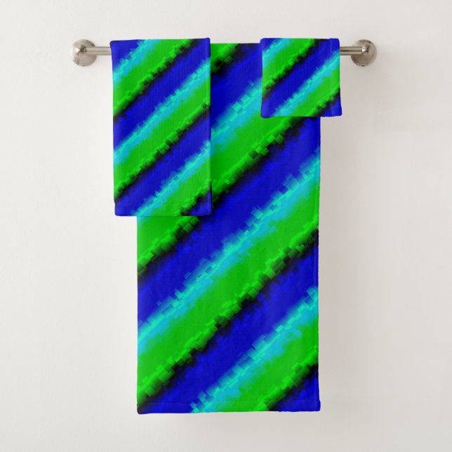 Blue Green Broken Glass Stripes Bath Towel Set (Insitu)