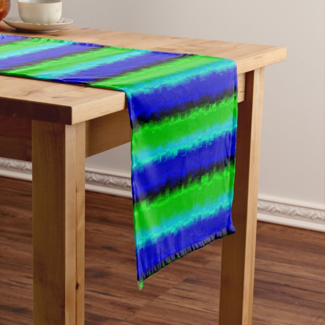 Blue Green Broken Glass Stripes Long Table Runner (In Situ)
