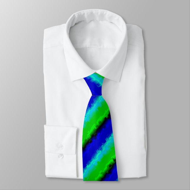 Blue Green Broken Glass Stripes Neck Tie (Tied)