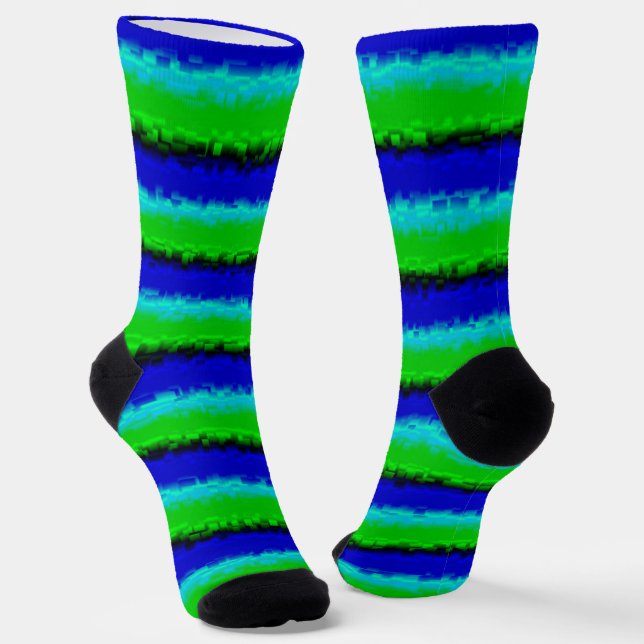 Blue Green Broken Glass Stripes Socks (Angled)