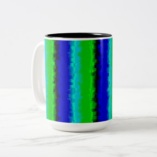 Blue Green Broken Glass Stripes Two-Tone Coffee Mug (Front Left)