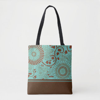 Blue-Green & Brown Flower Medallion (v1) Tote Bag