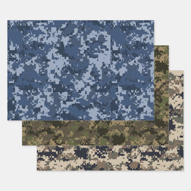 Blue, Green & Brown Pixel Camo Camouflage Wrapping Paper Sheets (Set)