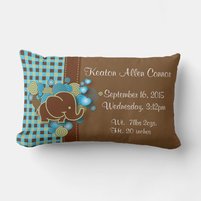 Blue, Green & Brown Plaid Baby Elephant Lumbar Pillow (Front)