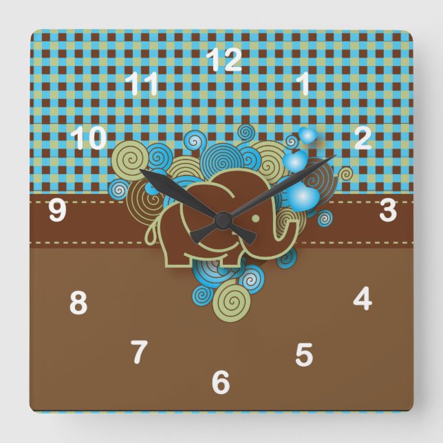 Blue, Green & Brown Plaid Baby Elephant Square Wall Clock (Front)
