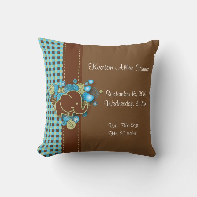 Blue, Green & Brown Plaid Baby Elephant Throw Pillow (Front)
