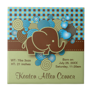 Blue, Green & Brown Plaid Baby Elephant Tile