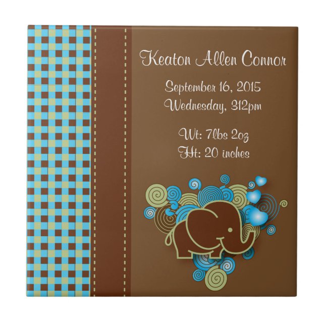 Blue, Green & Brown Plaid Baby Elephant Tile (Front)