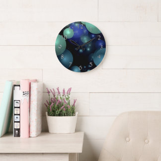 Blue & Green Bubbles Over Black Large Clock
