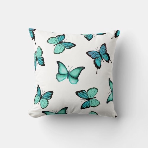 Blue Green Butterfly Pastel Pattern Throw Pillow