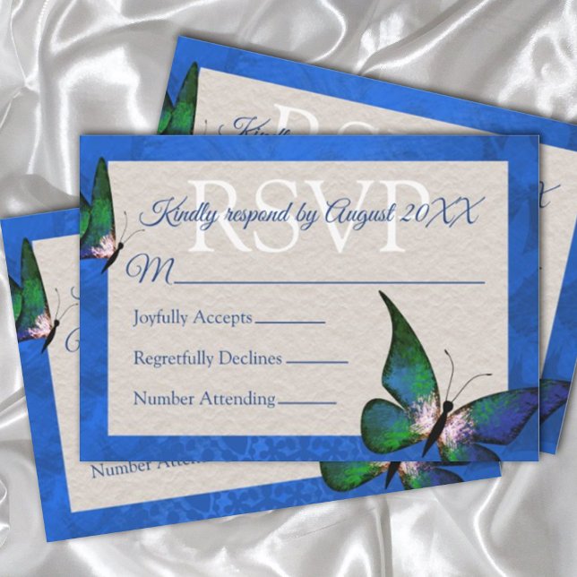 Blue, Green Butterfly Quinceañera RSVP Card (elegant royal blue white quinceanera rsvp card with blue edge and butterfly card template customize)