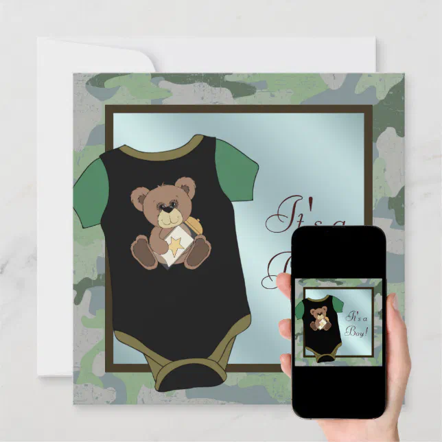 Blue Green Camouflage Baby Boy Shower Invitations (Downloadable)