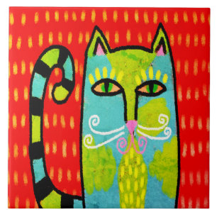 Blue Green Cat Abstract Digital Painting Ceramic Tile
