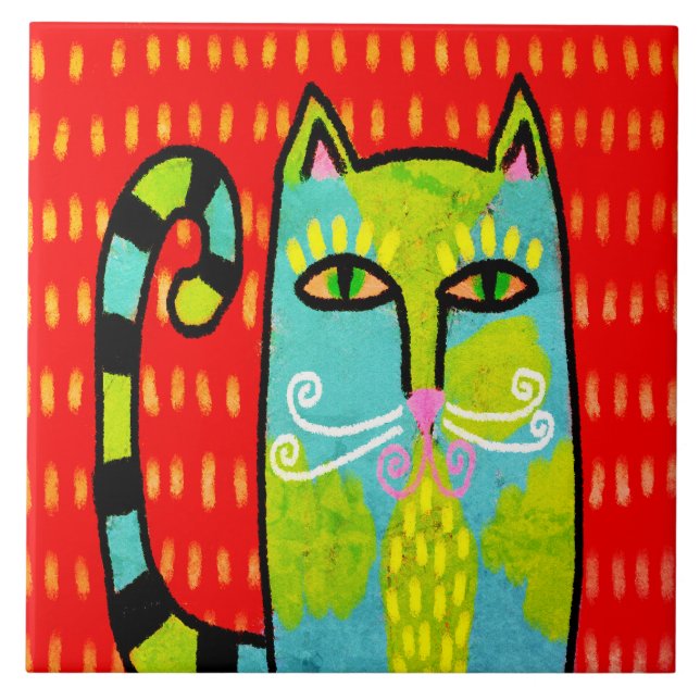 Blue Green Cat Abstract Digital Painting Ceramic Tile (Front)